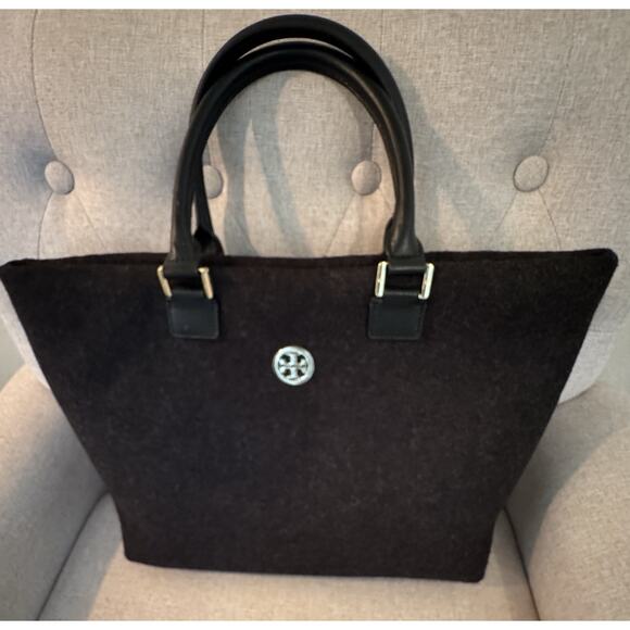 Tory Burch Handbags - Tory Burch Ella Tote Felt Wool Leather Handbag Charcoal Gray Size Large
